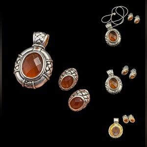 Vintage Sterling Silver Renaissance Citrine Pendant Necklace and Earring Set